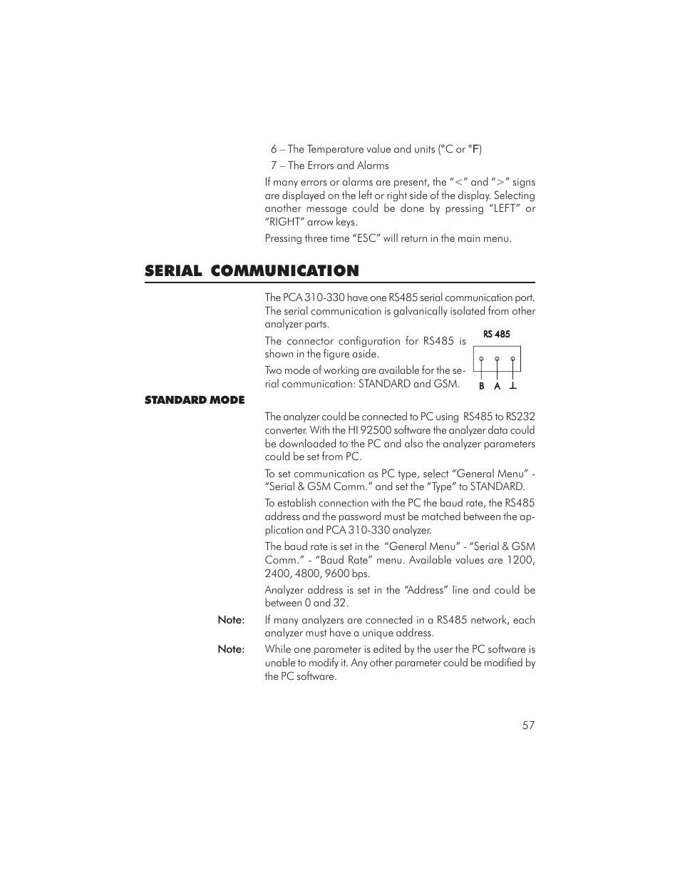 Serial communication | Hanna Instruments PCA 310 User Manual | Page 57 / 76