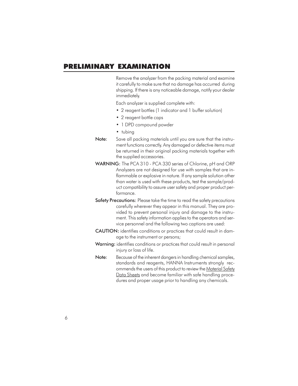 Preliminary examination | Hanna Instruments PCA 310 User Manual | Page 6 / 76