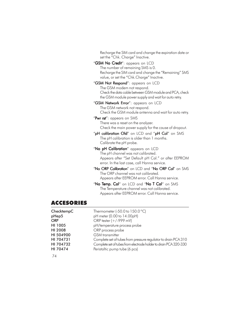 Accesories | Hanna Instruments PCA 310 User Manual | Page 74 / 76