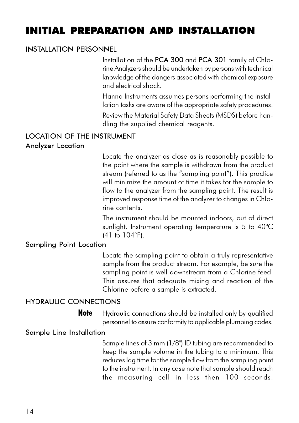Initial preparation and installation | Hanna Instruments PCA 300 Series User Manual | Page 14 / 60