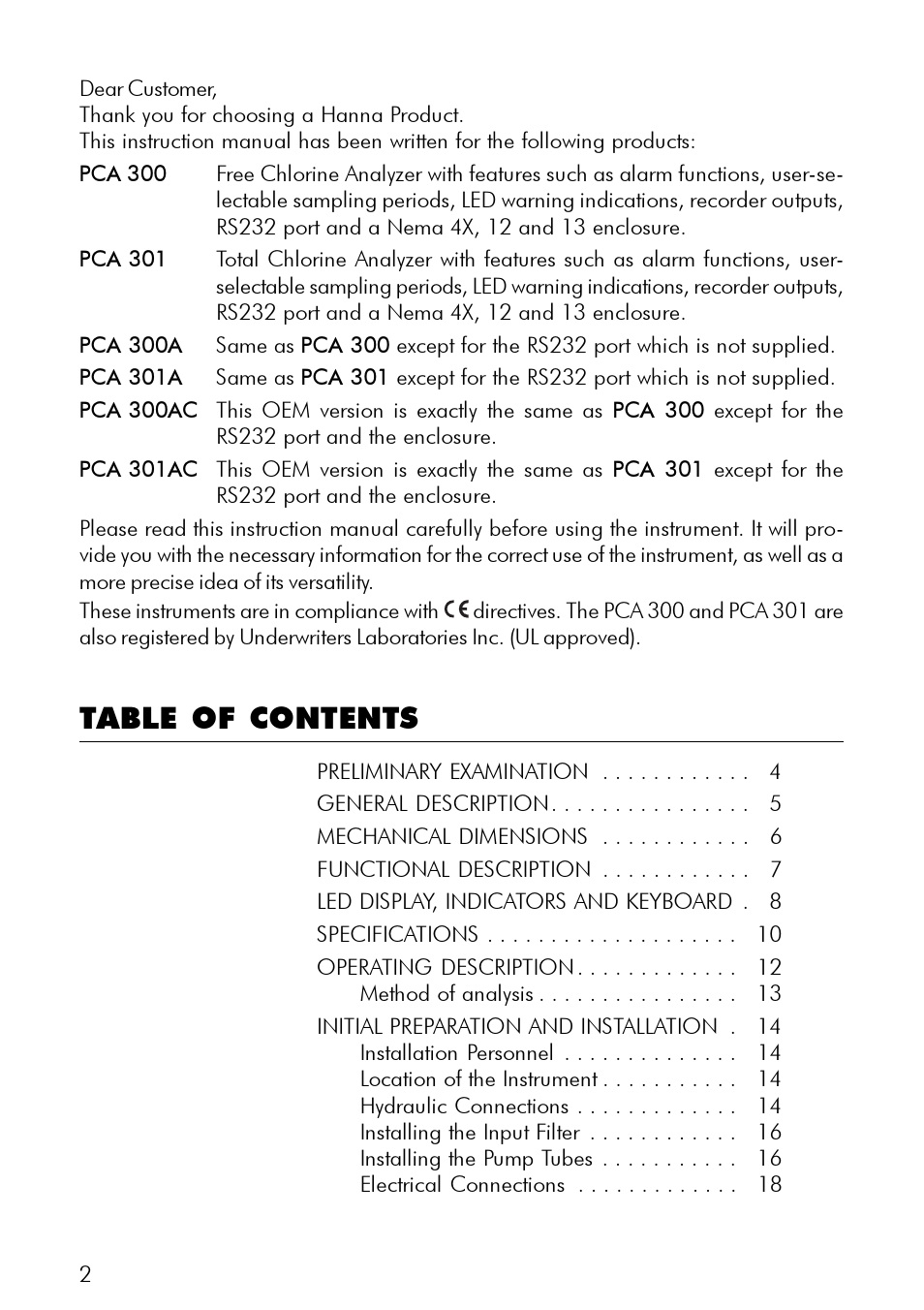 Hanna Instruments PCA 300 Series User Manual | Page 2 / 60
