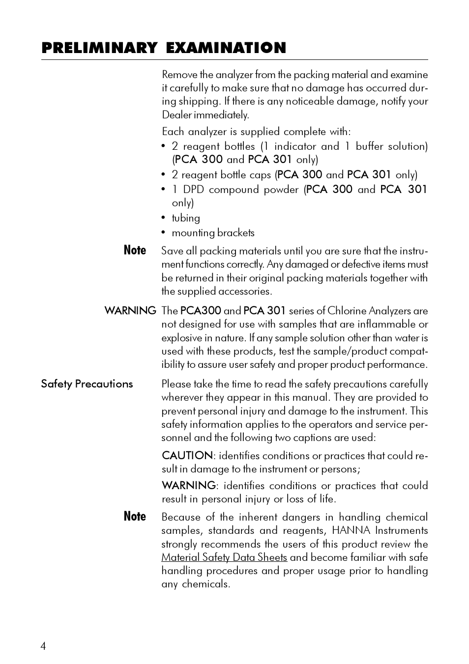Preliminary examination | Hanna Instruments PCA 300 Series User Manual | Page 4 / 60