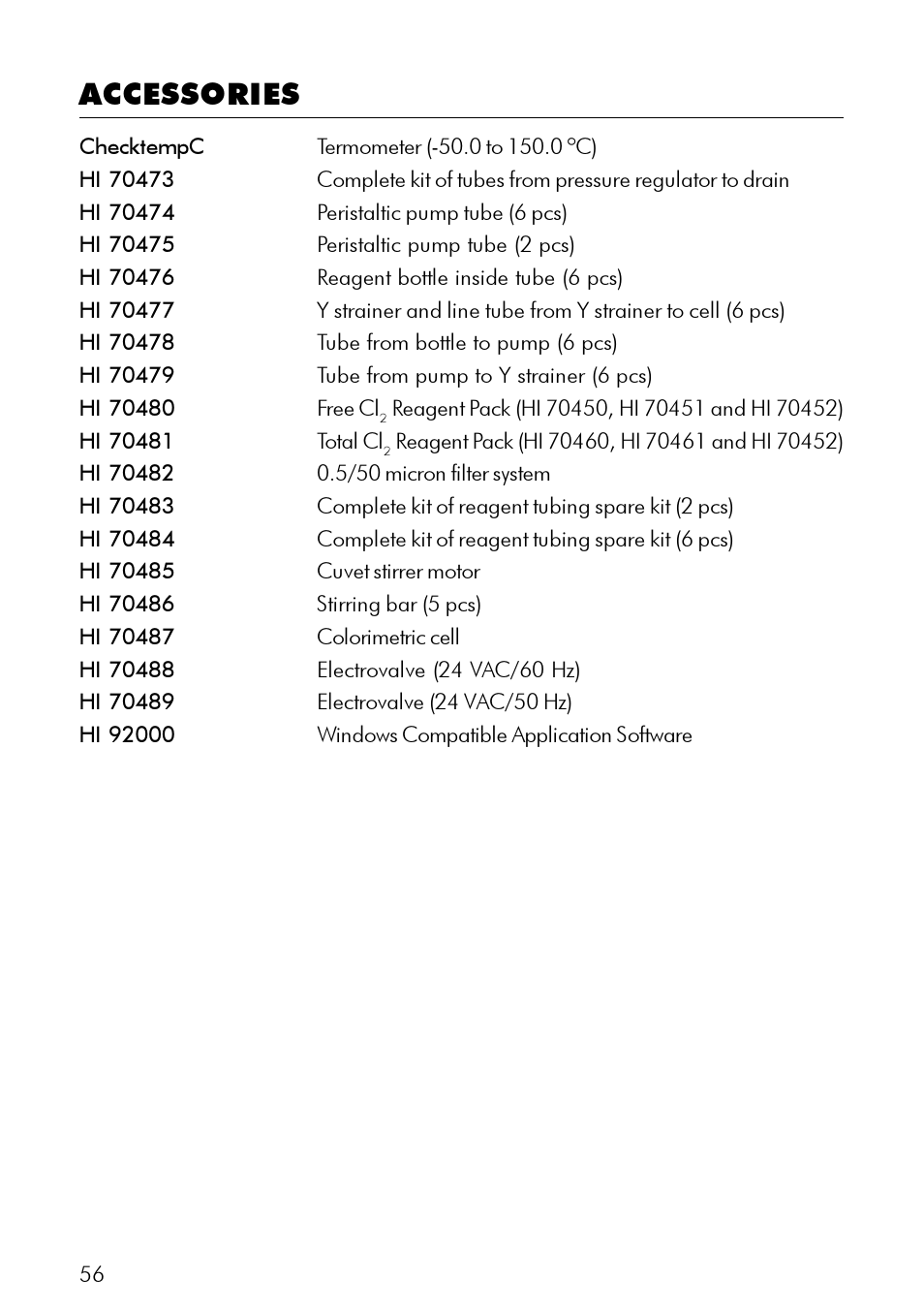Accessories | Hanna Instruments PCA 300 Series User Manual | Page 56 / 60
