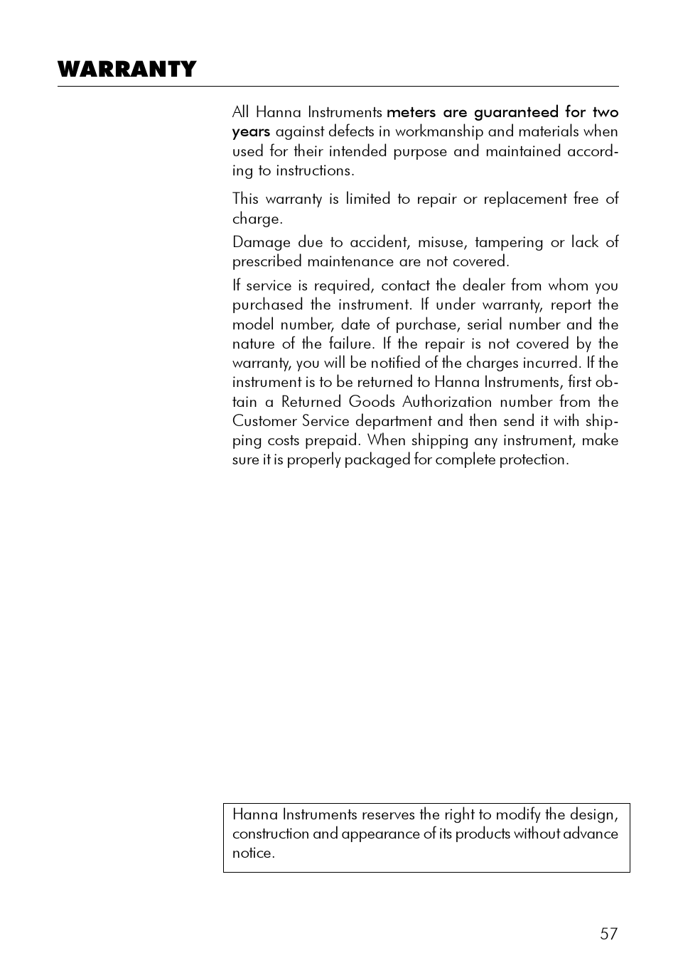 Warranty | Hanna Instruments PCA 300 Series User Manual | Page 57 / 60