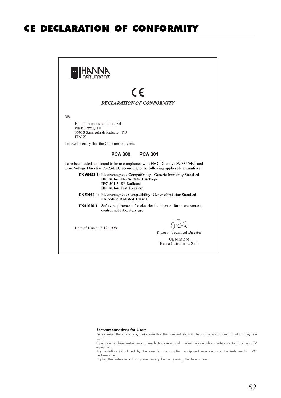 Ce declaration of conformity | Hanna Instruments PCA 300 Series User Manual | Page 59 / 60