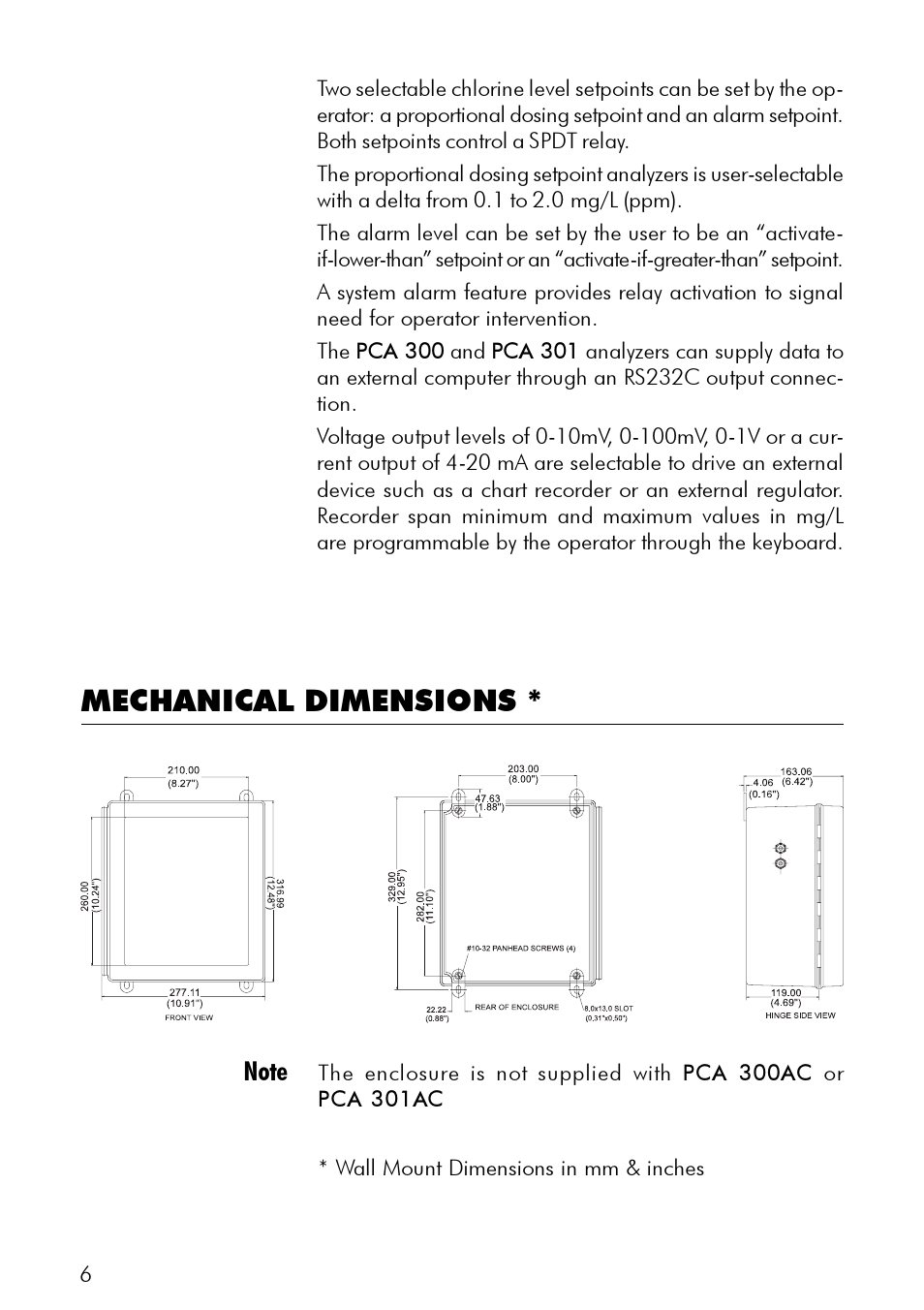 Mechanical dimensions | Hanna Instruments PCA 300 Series User Manual | Page 6 / 60