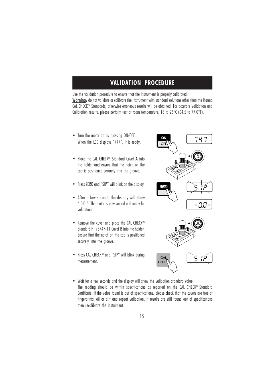 Validation procedure | Hanna Instruments HI 95747C User Manual | Page 15 / 20