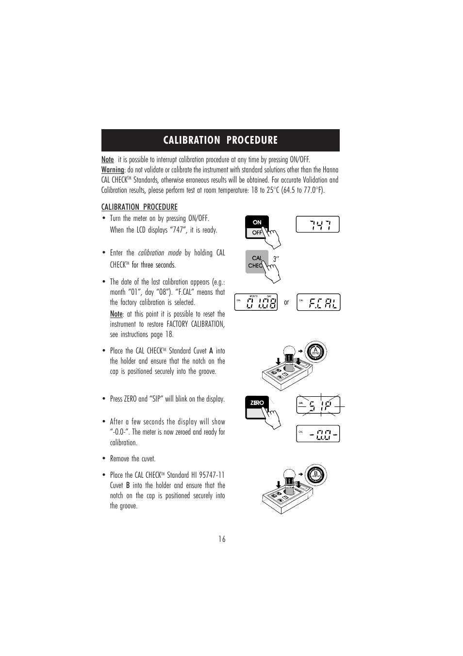 Calibration procedure | Hanna Instruments HI 95747C User Manual | Page 16 / 20