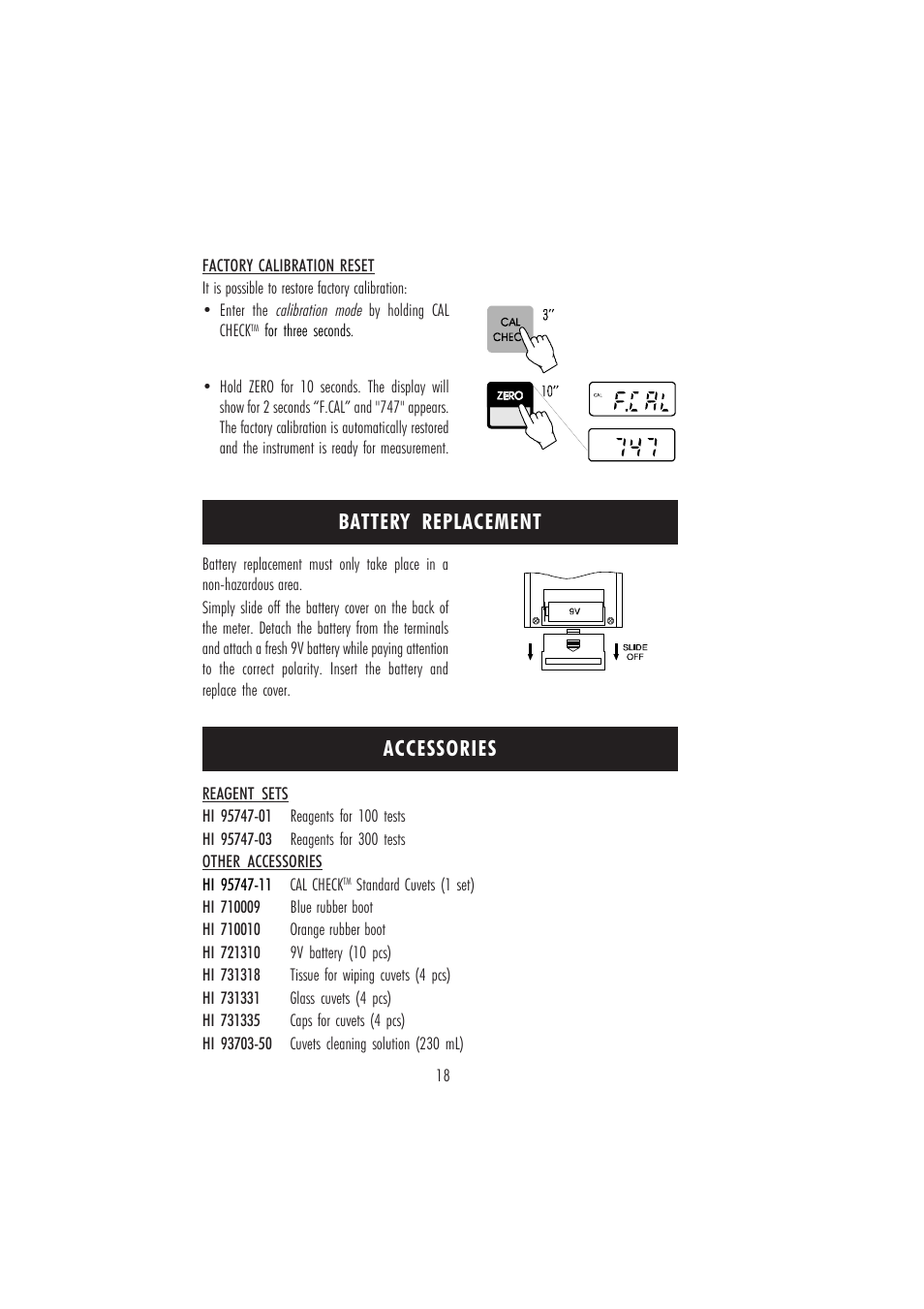 Accessories, Battery replacement | Hanna Instruments HI 95747C User Manual | Page 18 / 20