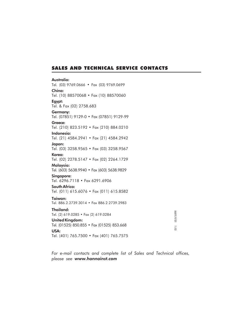 Sales and technical service contacts | Hanna Instruments HI 95747C User Manual | Page 20 / 20