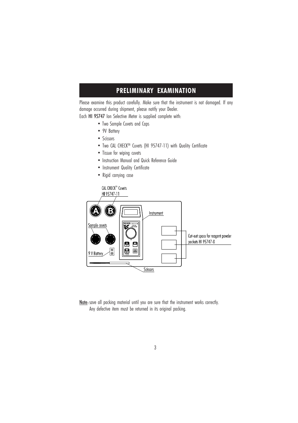 Preliminary examination | Hanna Instruments HI 95747C User Manual | Page 3 / 20