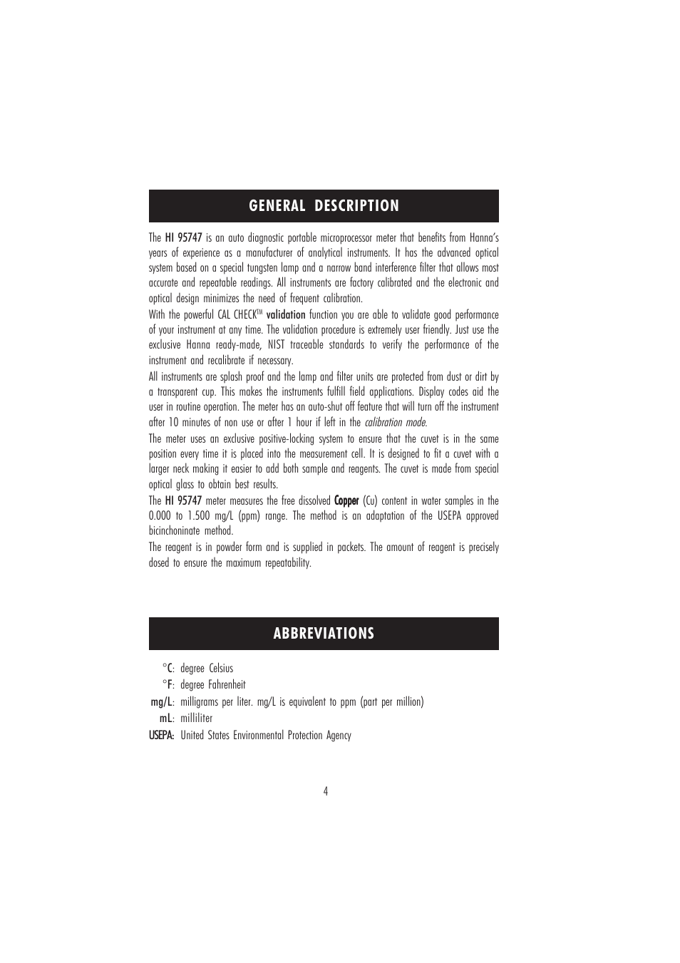 General description abbreviations | Hanna Instruments HI 95747C User Manual | Page 4 / 20