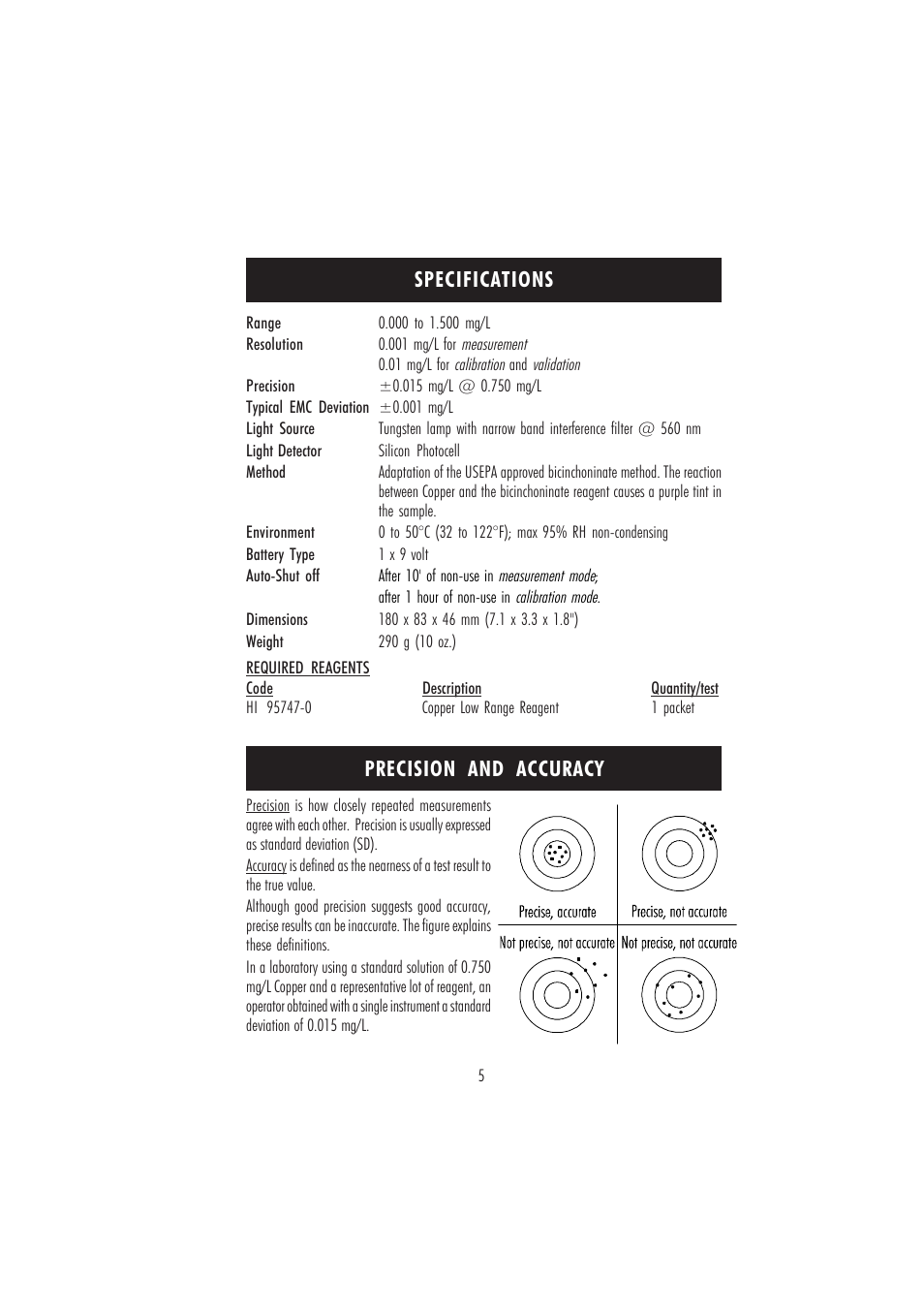 Specifications, Precision and accuracy | Hanna Instruments HI 95747C User Manual | Page 5 / 20