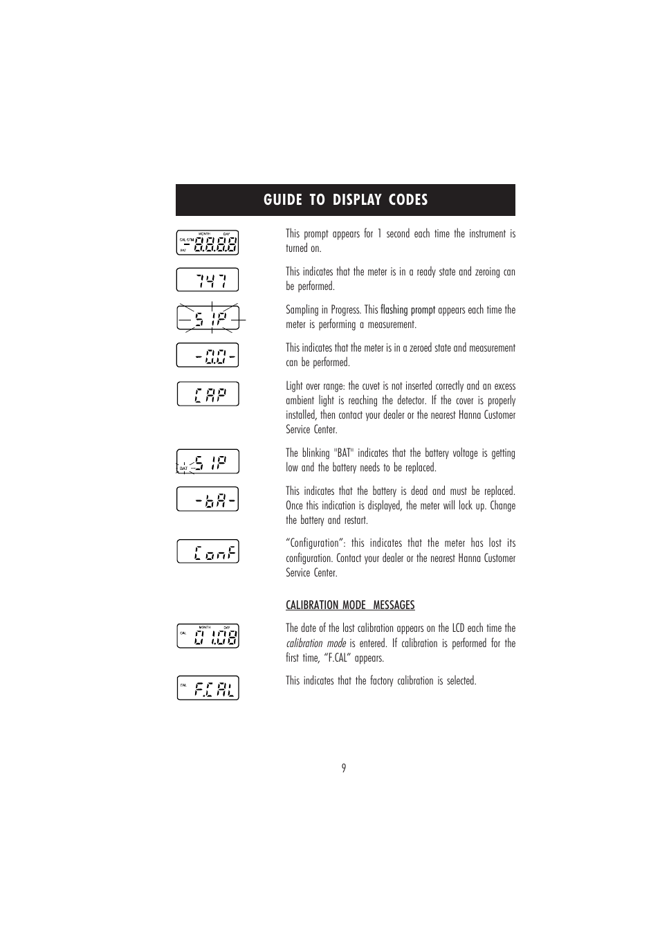 Guide to display codes | Hanna Instruments HI 95747C User Manual | Page 9 / 20