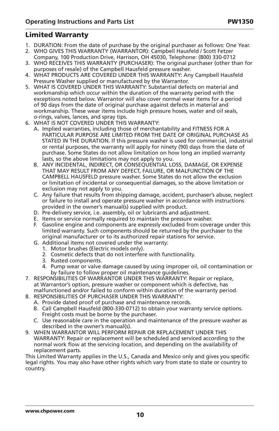 Limited warranty | Campbell Hausfeld IN468001AV User Manual | Page 10 / 36