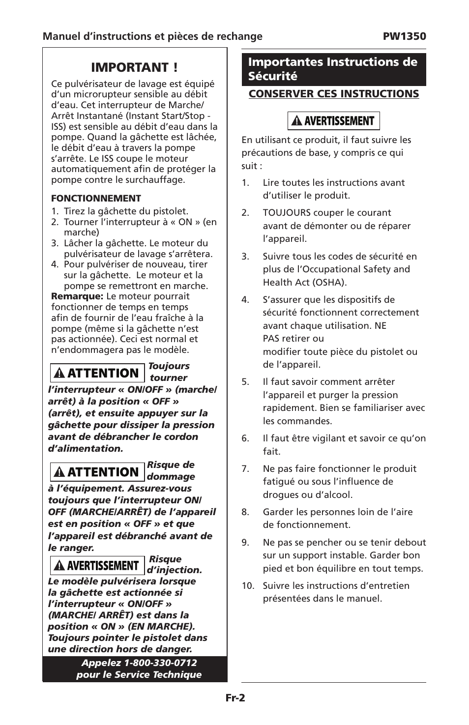 Important, Importantes instructions de sécurité | Campbell Hausfeld IN468001AV User Manual | Page 12 / 36