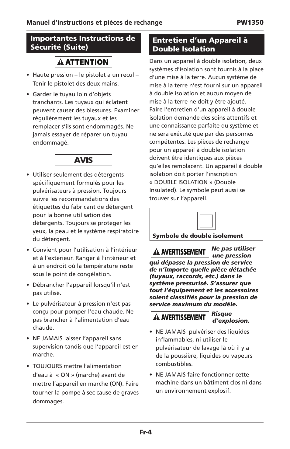 Entretien d’un appareil à double isolation, Importantes instructions de sécurité (suite) | Campbell Hausfeld IN468001AV User Manual | Page 14 / 36