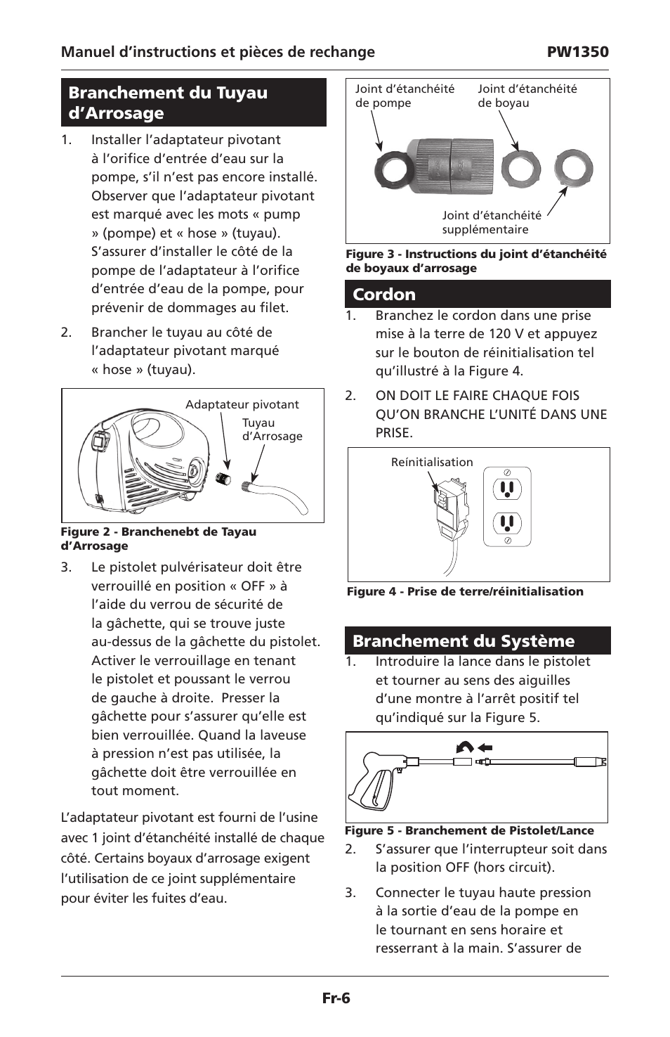 Branchement du tuyau d’arrosage, Cordon, Branchement du système | Campbell Hausfeld IN468001AV User Manual | Page 16 / 36