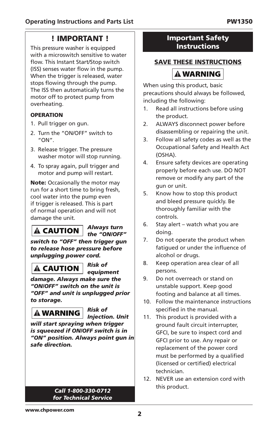 Important, Important safety instructions | Campbell Hausfeld IN468001AV User Manual | Page 2 / 36