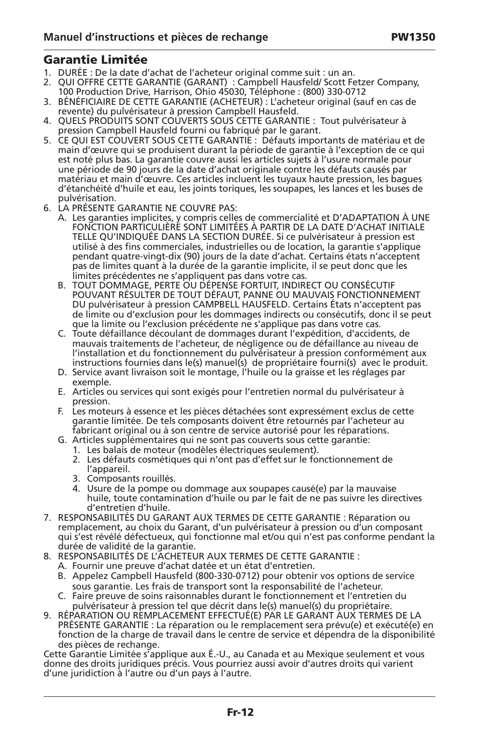 Garantie limitée | Campbell Hausfeld IN468001AV User Manual | Page 22 / 36