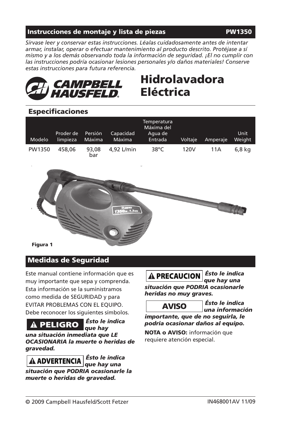 Hidrolavadora eléctrica, Especificaciones, Medidas de seguridad | Campbell Hausfeld IN468001AV User Manual | Page 23 / 36