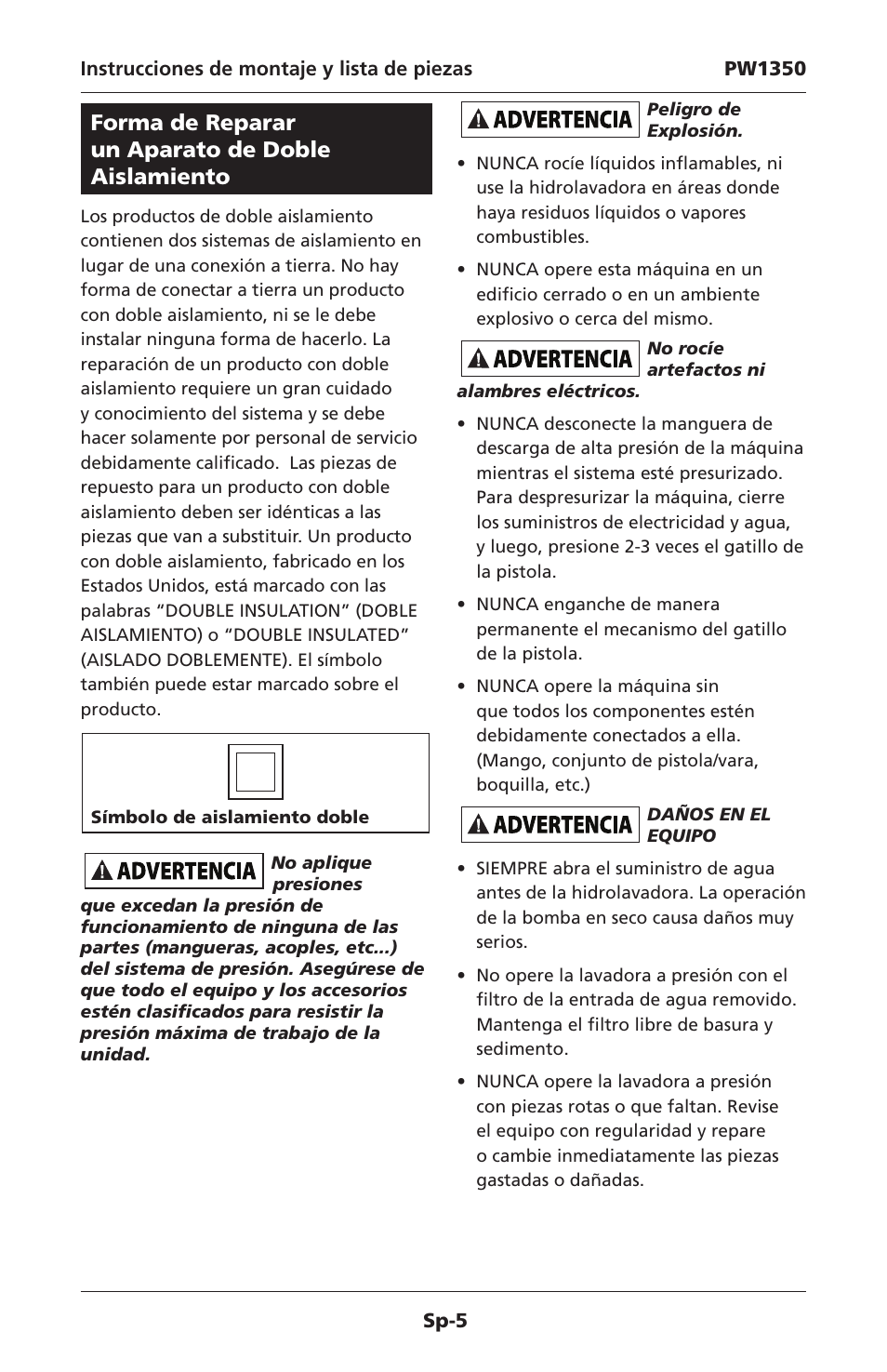 Forma de reparar un aparato de doble aislamiento | Campbell Hausfeld IN468001AV User Manual | Page 27 / 36