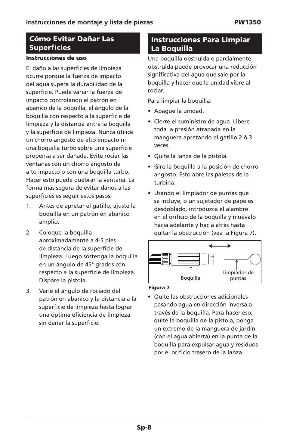 Cómo evitar dañar las superficies, Instrucciones para limpiar la boquilla | Campbell Hausfeld IN468001AV User Manual | Page 30 / 36