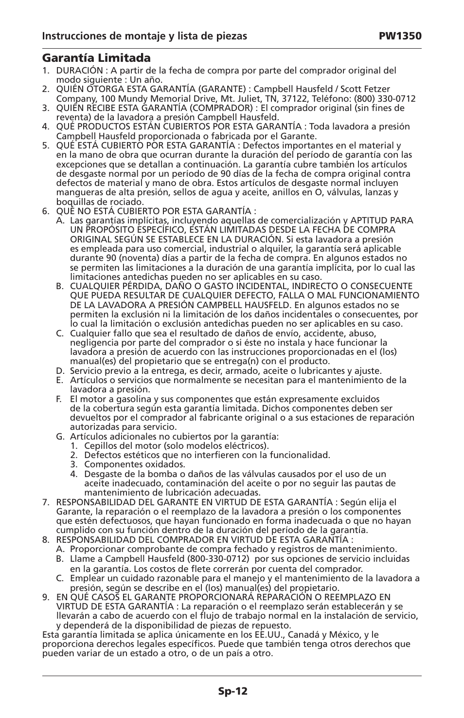 Garantía limitada | Campbell Hausfeld IN468001AV User Manual | Page 34 / 36