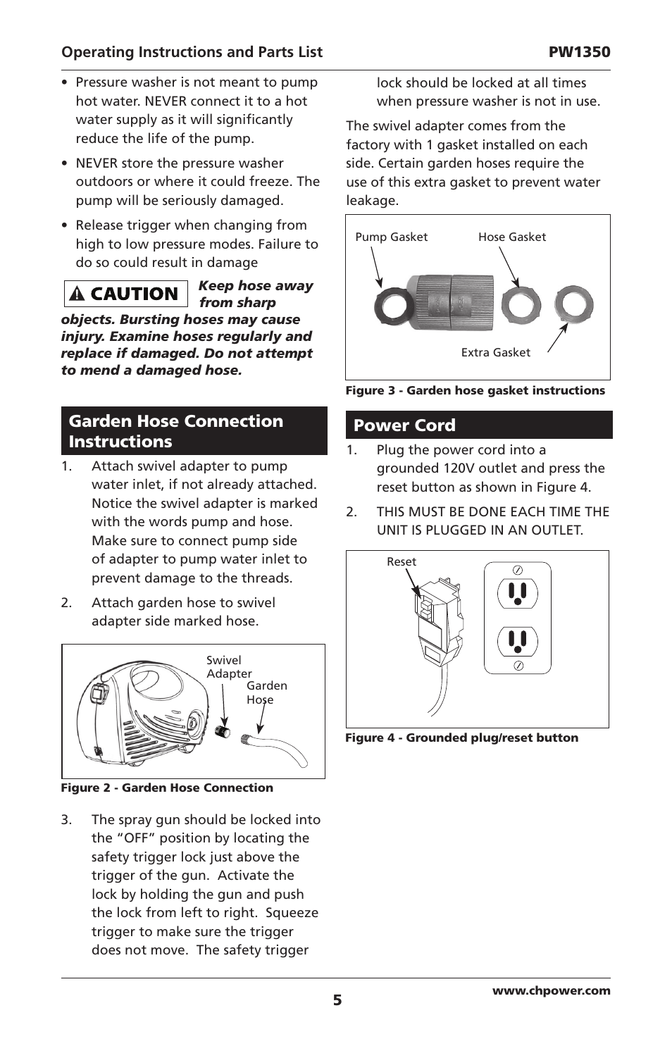 Power cord, Garden hose connection instructions | Campbell Hausfeld IN468001AV User Manual | Page 5 / 36