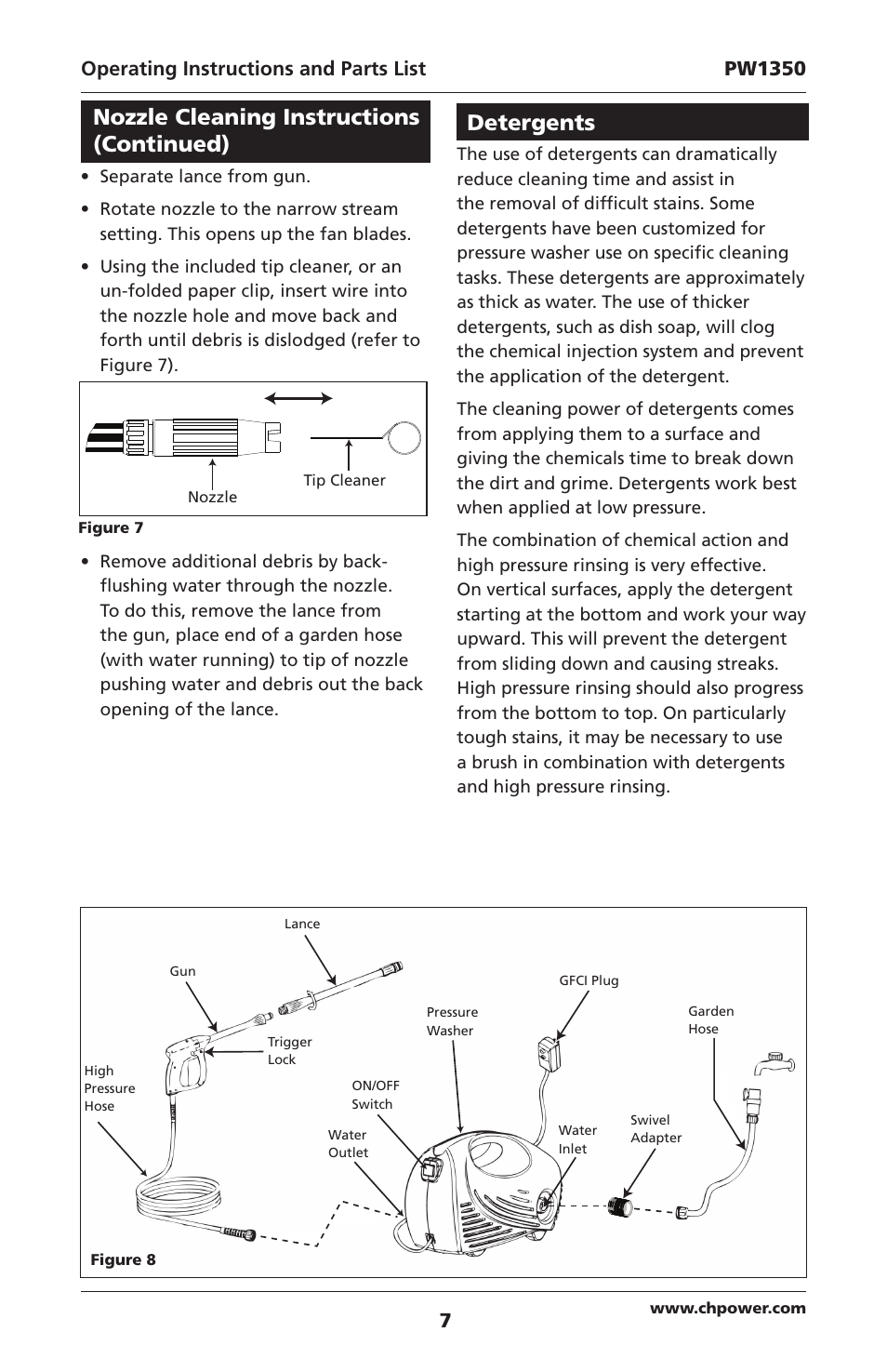 Detergents, Nozzle cleaning instructions (continued), Operating instructions and parts list pw1350 | Campbell Hausfeld IN468001AV User Manual | Page 7 / 36