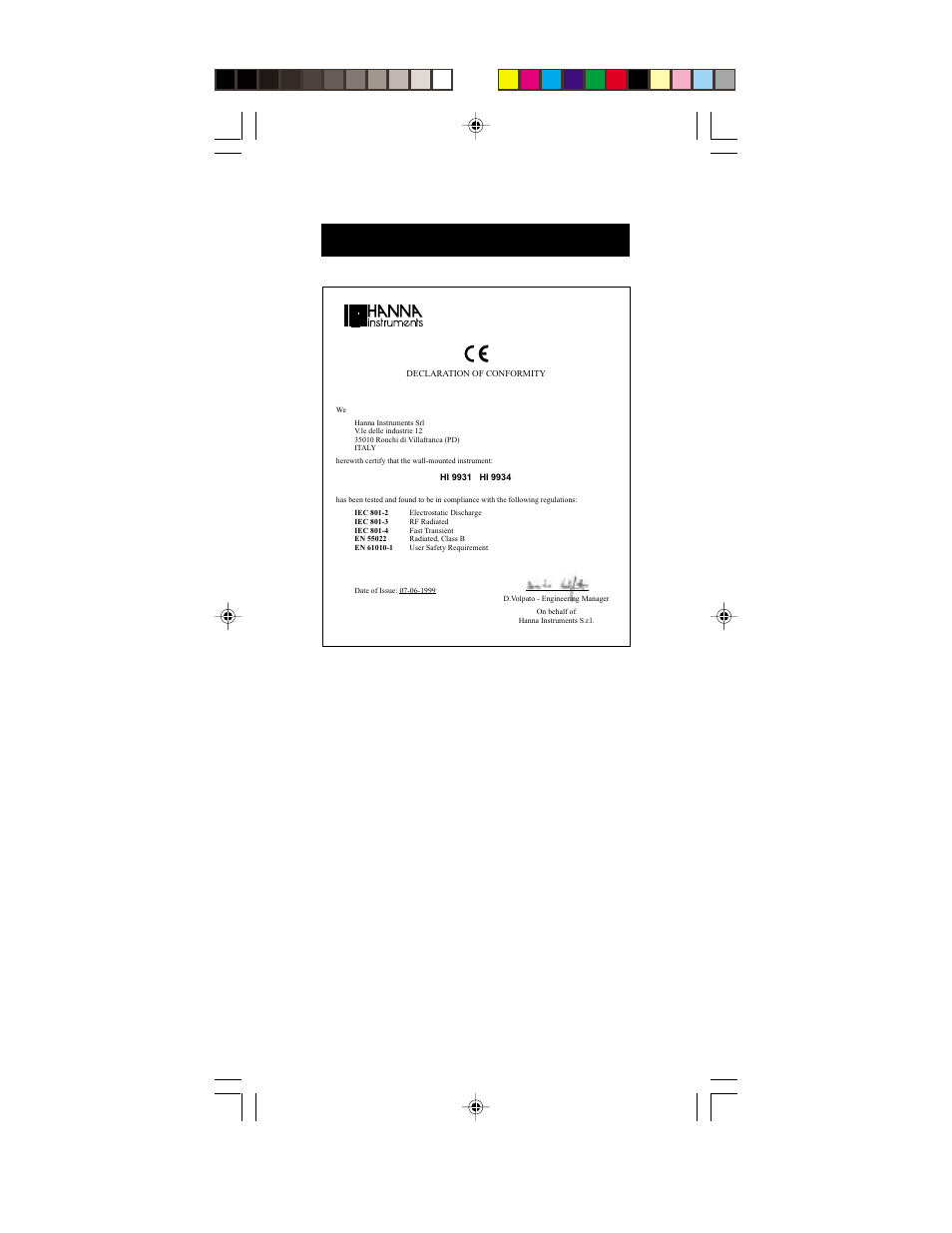 Ce declaration of conformity | Hanna Instruments HI 9931 User Manual | Page 27 / 28