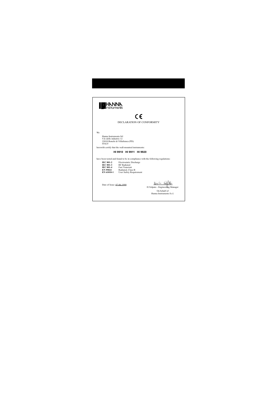Ce declaration of conformity | Hanna Instruments HI 9910 User Manual | Page 39 / 40