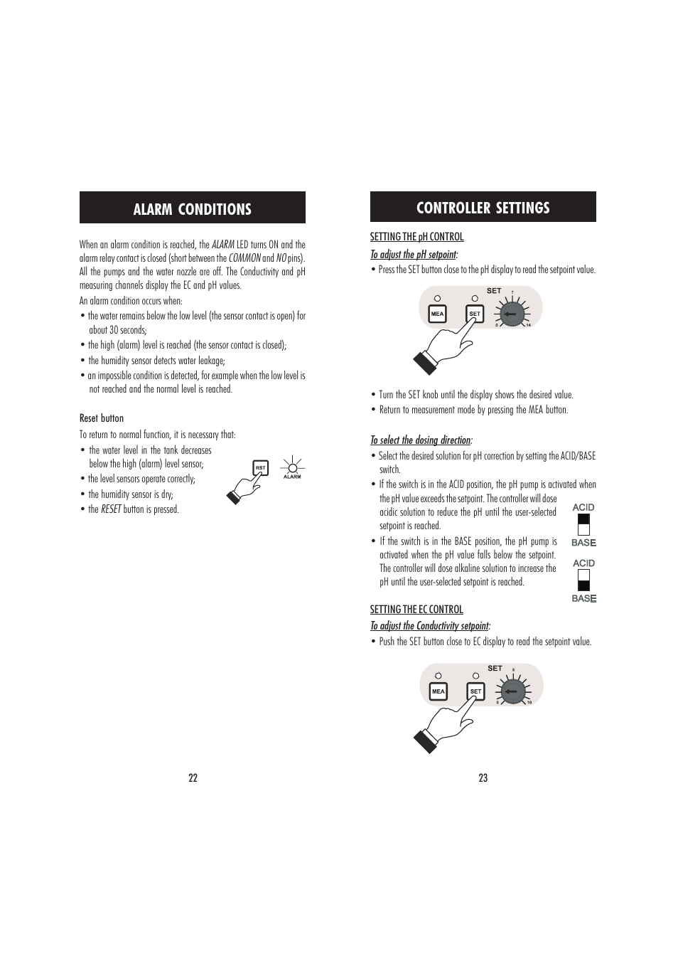 Controller settings, Alarm conditions | Hanna Instruments HI 9914 User Manual | Page 12 / 21