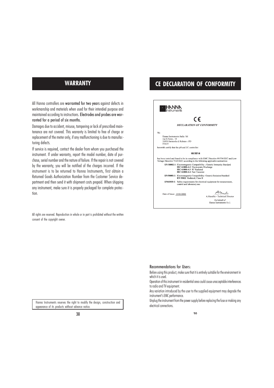 Ce declaration of conformity, Warranty | Hanna Instruments HI 9914 User Manual | Page 20 / 21