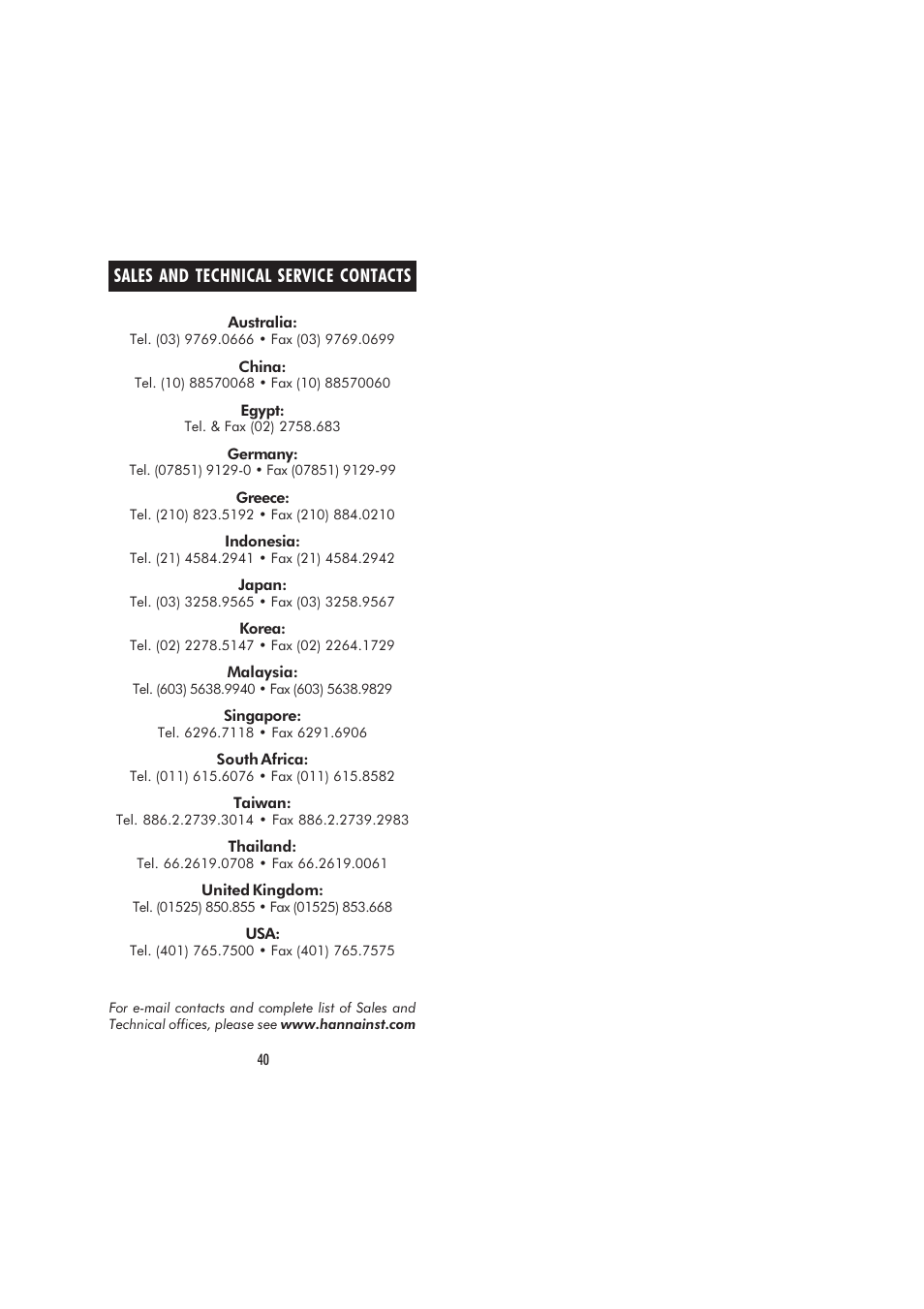 Sales and technical service contacts | Hanna Instruments HI 9914 User Manual | Page 21 / 21