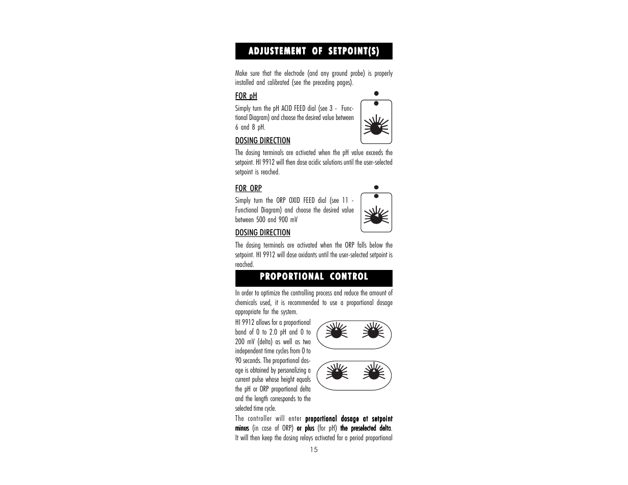 Adjustement of setpoint(s), Proportional control, For ph | Dosing direction, For orp | Hanna Instruments HI 9912 User Manual | Page 15 / 28