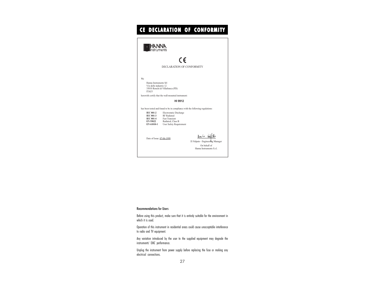 Ce declaration of conformity | Hanna Instruments HI 9912 User Manual | Page 27 / 28