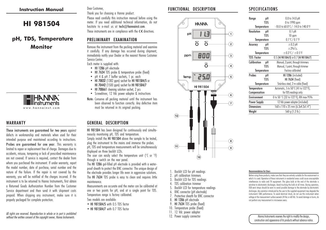 Hanna Instruments HI 981504 User Manual | 2 pages