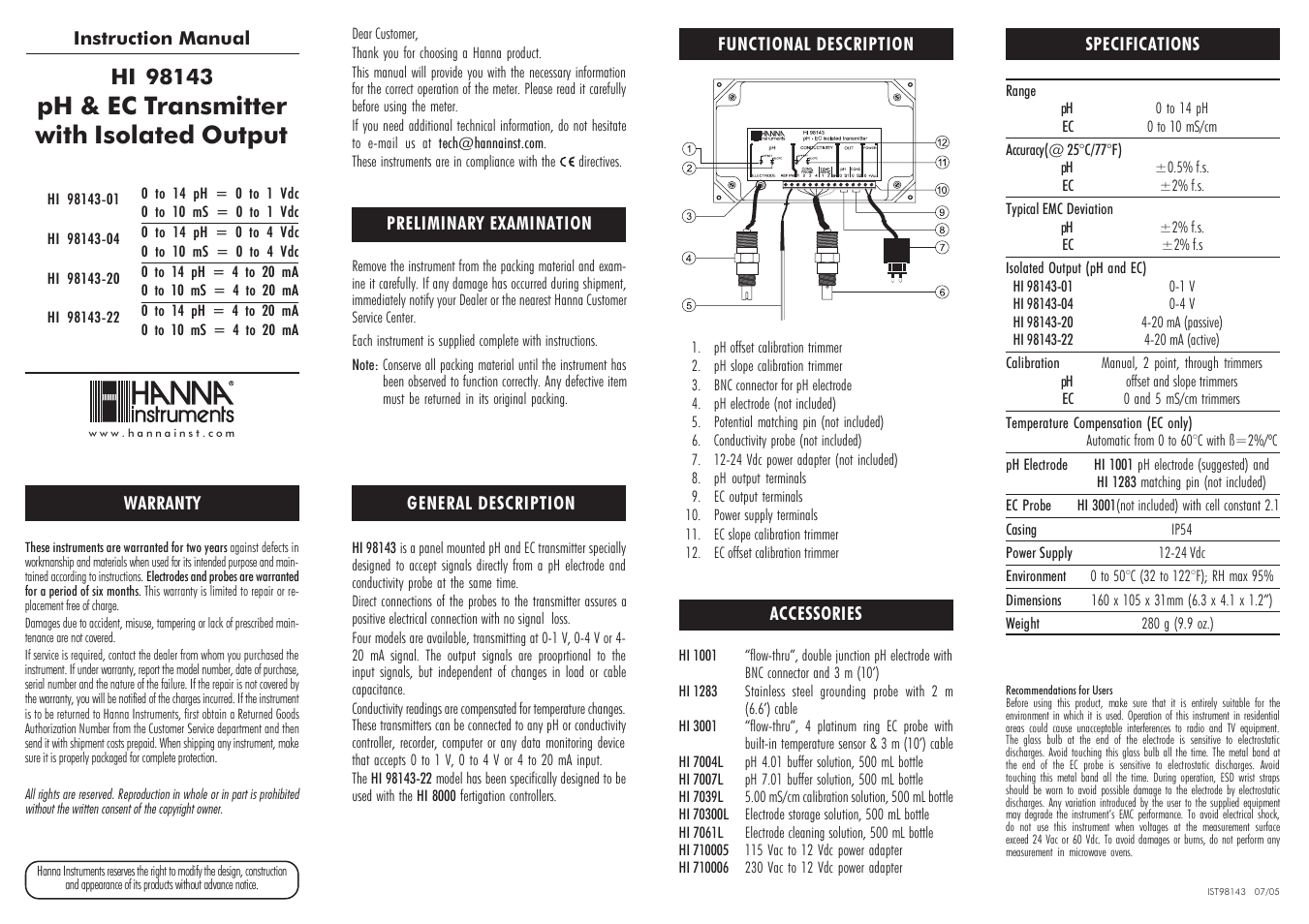 Hanna Instruments HI 98143-01 User Manual | 2 pages