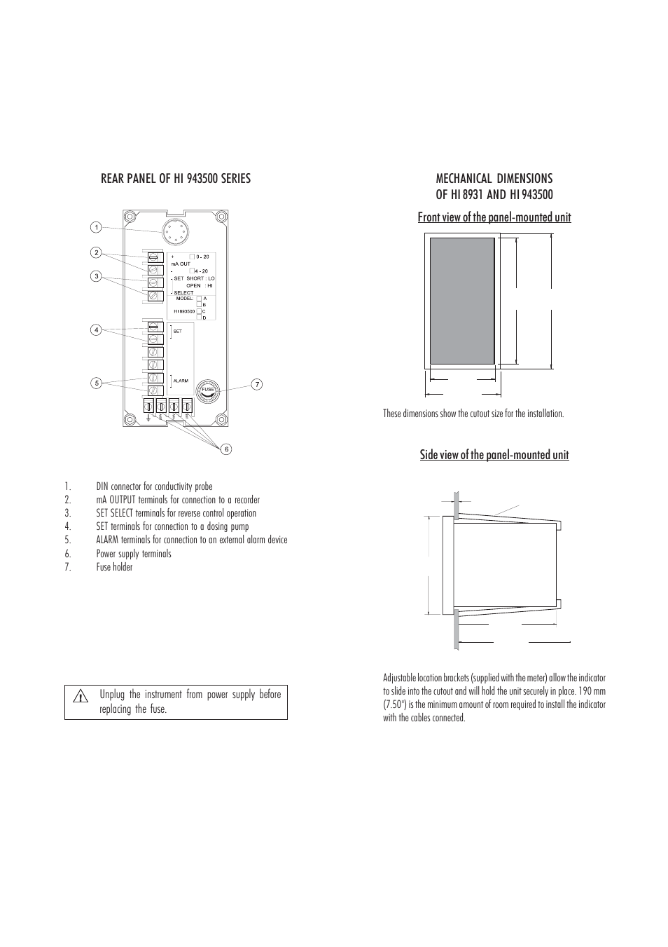Side view of the panel-mounted unit | Hanna Instruments HI 943500A User Manual | Page 5 / 27