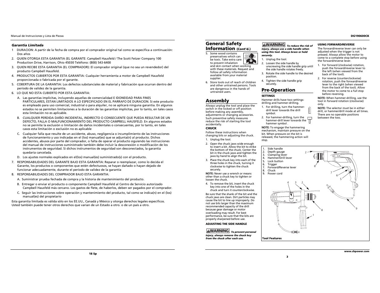 General safety information, Assembly, Pre-operation | Campbell Hausfeld Drill User Manual | Page 3 / 10