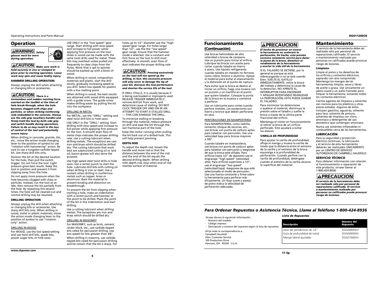 Precaucion, Mantenimiento, Operation | Funcionamiento | Campbell Hausfeld Drill User Manual | Page 4 / 10
