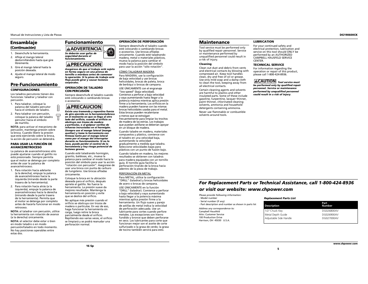 Precaucion, Funcionamiento, Advertencia | Pre-funcionamiento, Maintenance, Ensamblaje | Campbell Hausfeld Drill User Manual | Page 5 / 10