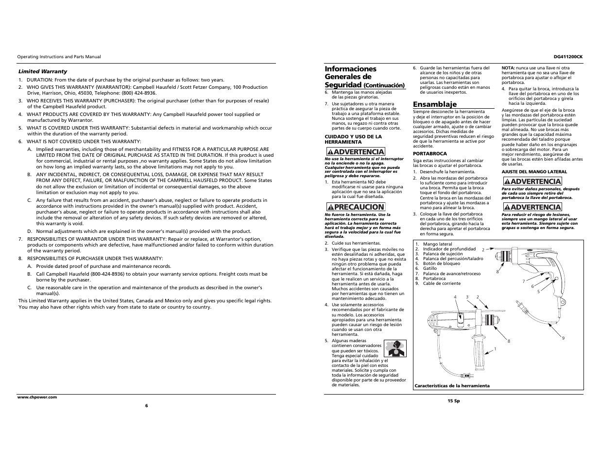 Precaucion, Informaciones generales de seguridad, Advertencia | Ensamblaje | Campbell Hausfeld Drill User Manual | Page 6 / 10