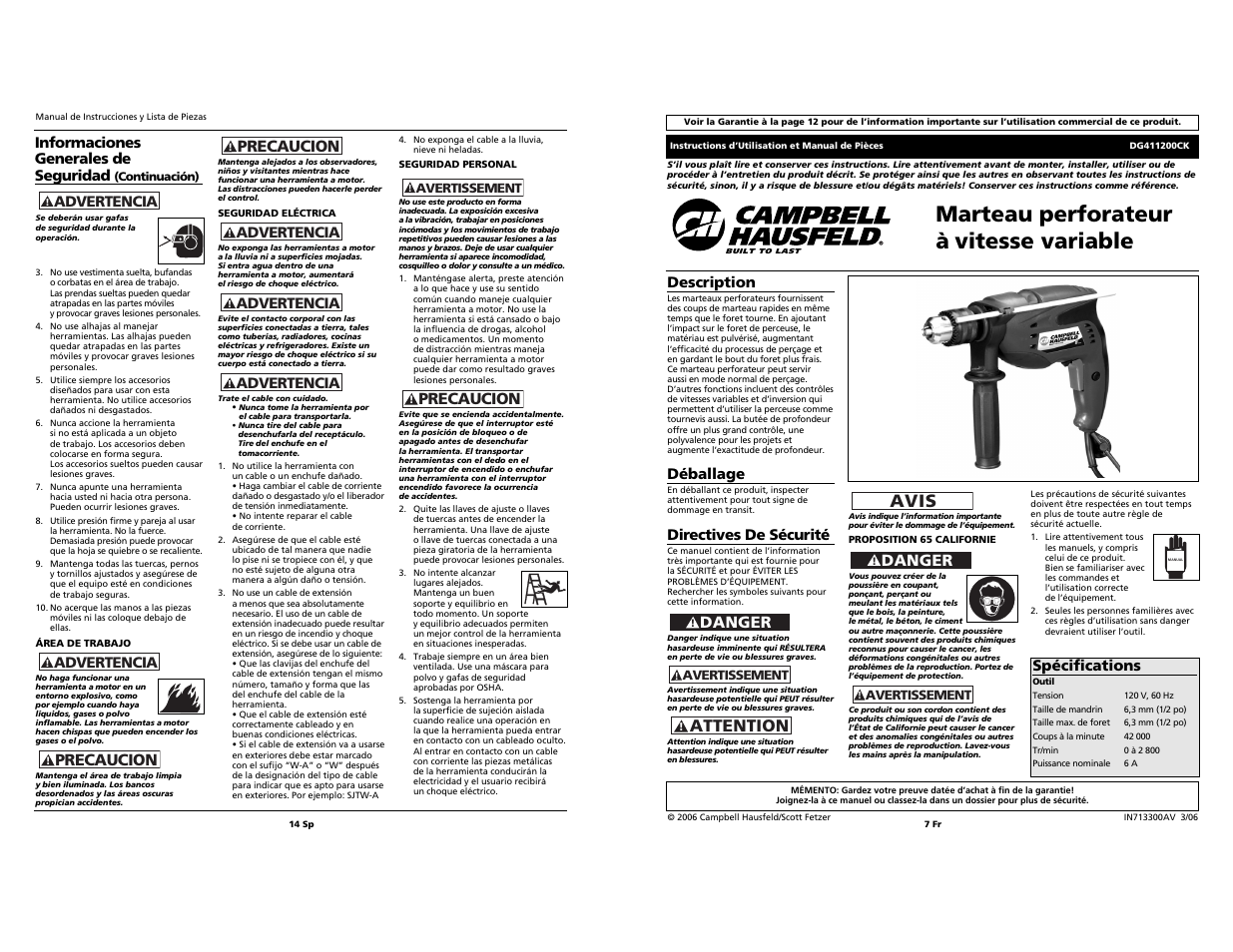 Marteau perforateur à vitesse variable, Attention, Avis | Precaucion, Danger | Campbell Hausfeld Drill User Manual | Page 7 / 10