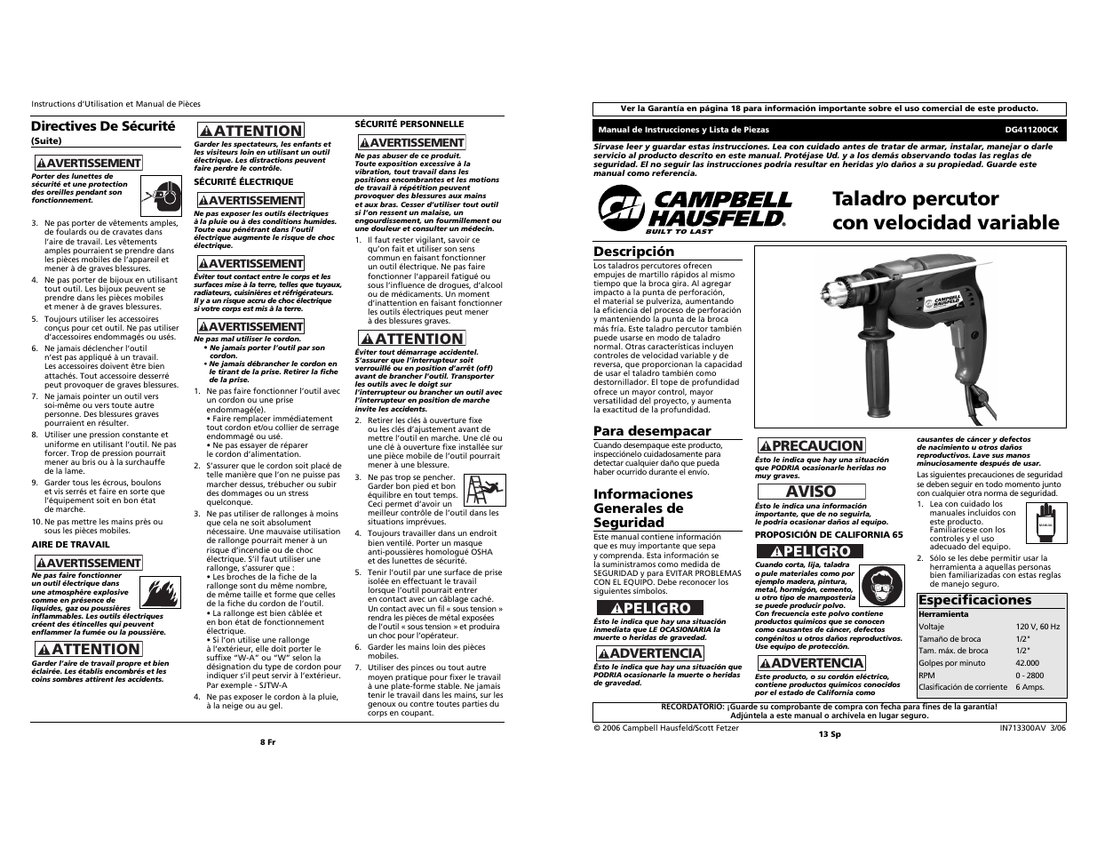 Taladro percutor con velocidad variable, Aviso, Peligro | Attention, Precaucion | Campbell Hausfeld Drill User Manual | Page 8 / 10