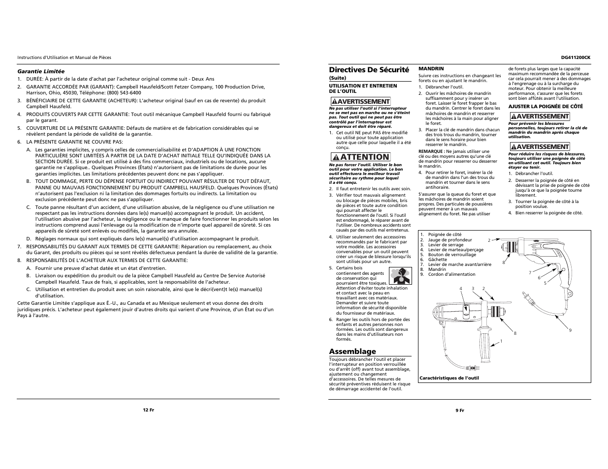 Attention, Directives de sécurité, Assemblage | Campbell Hausfeld Drill User Manual | Page 9 / 10