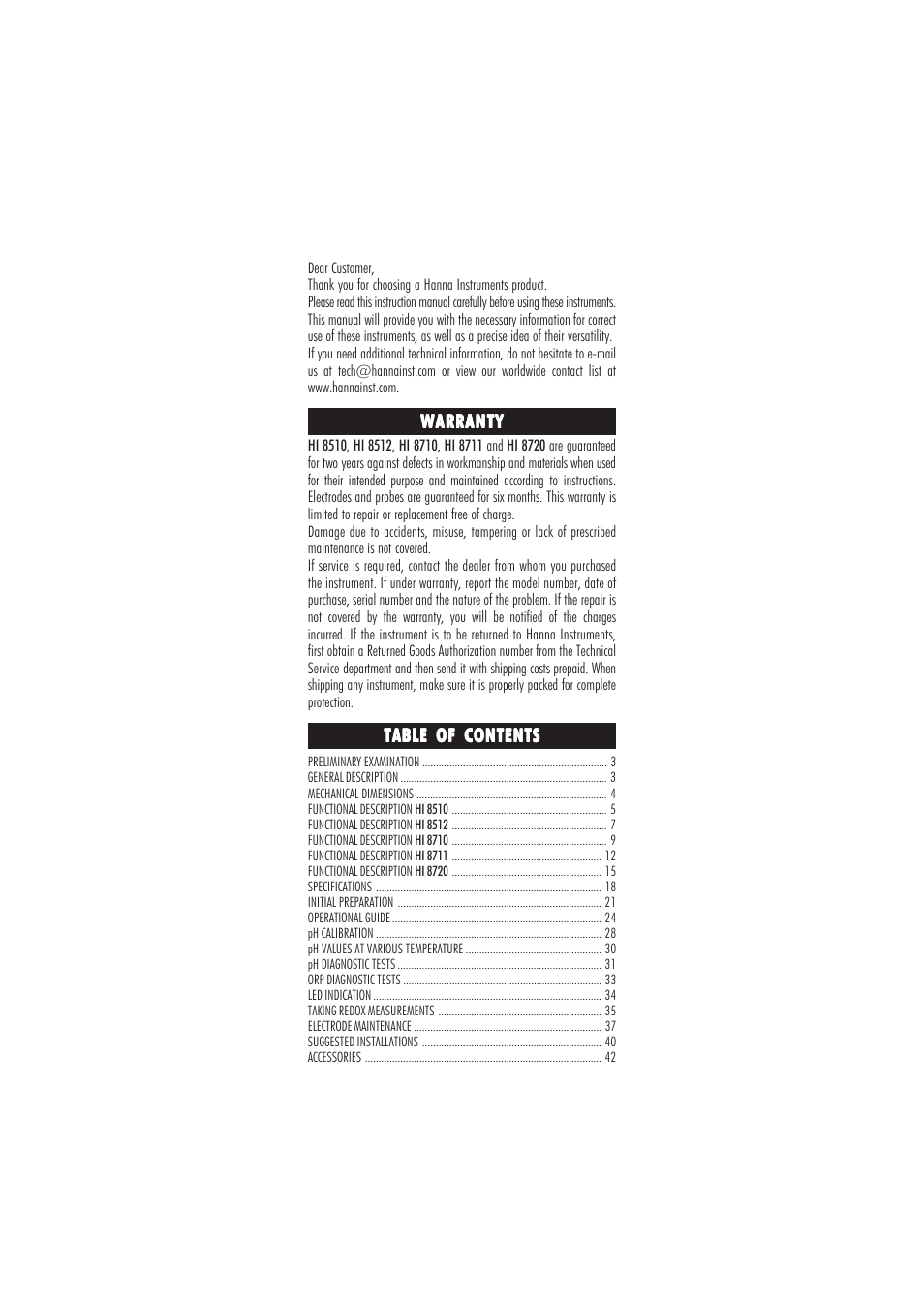 Hanna Instruments HI 8711 User Manual | Page 2 / 48