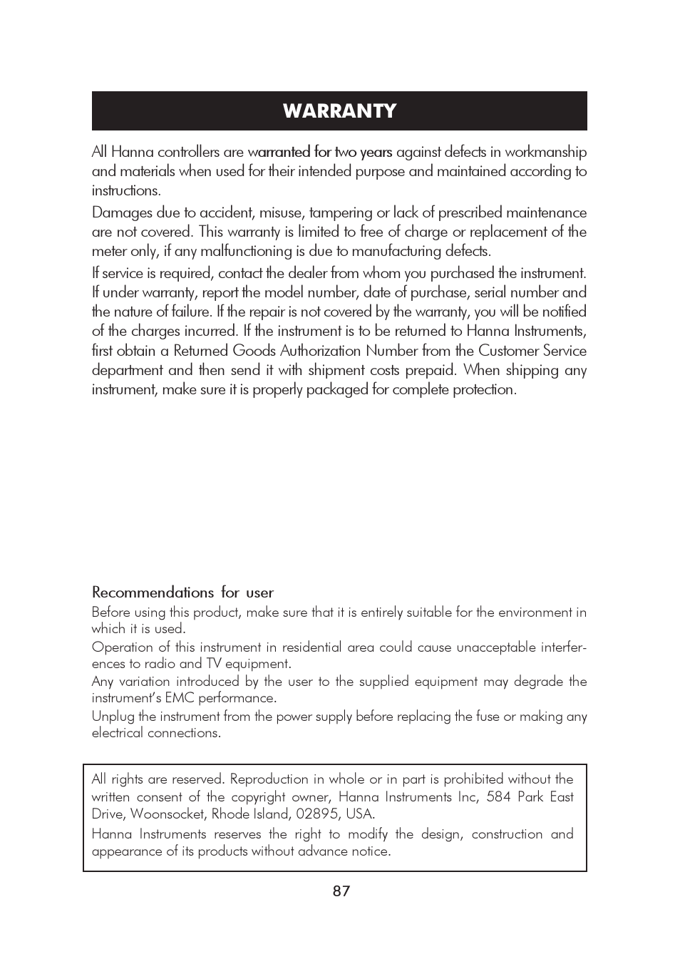 Warranty | Hanna Instruments HI 8000 Series User Manual | Page 87 / 88