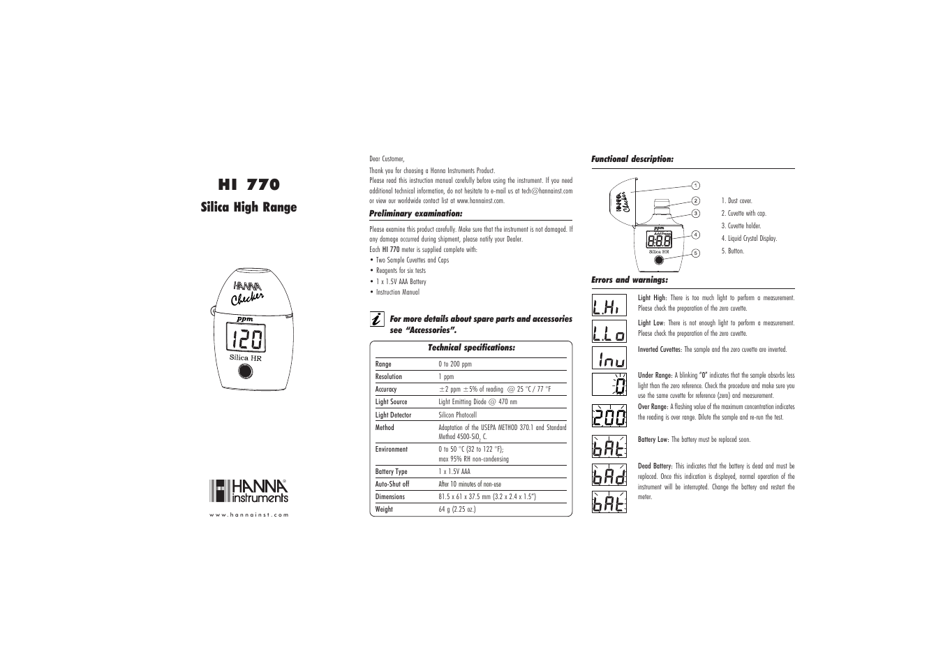 Hanna Instruments HI 770 User Manual | 2 pages